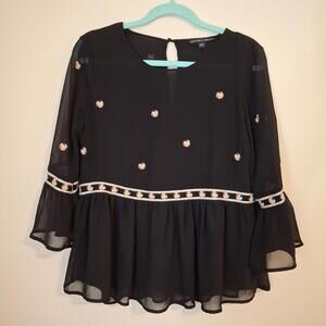 Harlowe‎ & Graham Medium Peplum Top Women's Black Blouse Flowers Sheer Floral